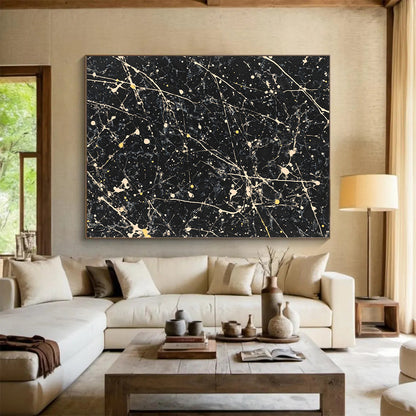 Black, White, Yellow, Marbled Patterns "Starry Night Marble" Abstract Modernist Painting On Canvas HB049