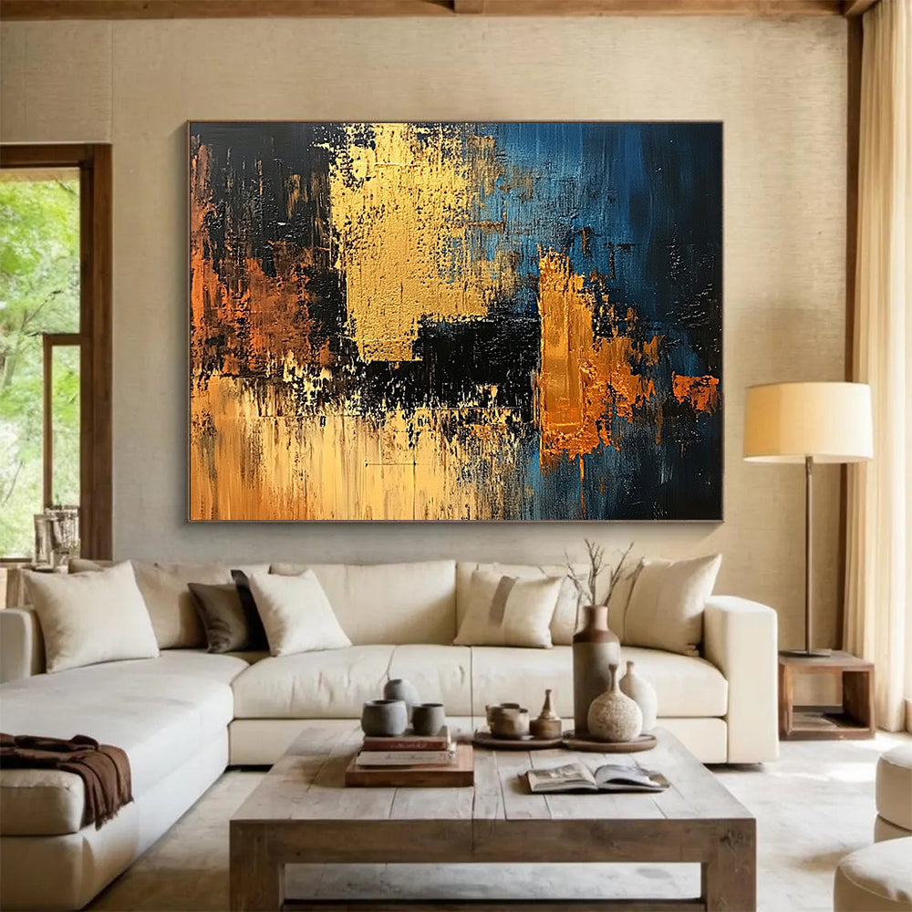 “Blue Gold Abstract” - Blue, black, gold, orange; Textured geometric abstract; Acrylic Painting On Canvas HB1212