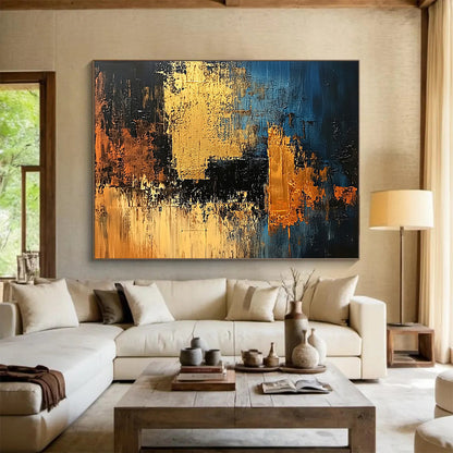 “Blue Gold Abstract” - Blue, black, gold, orange; Textured geometric abstract; Acrylic Painting On Canvas HB1212