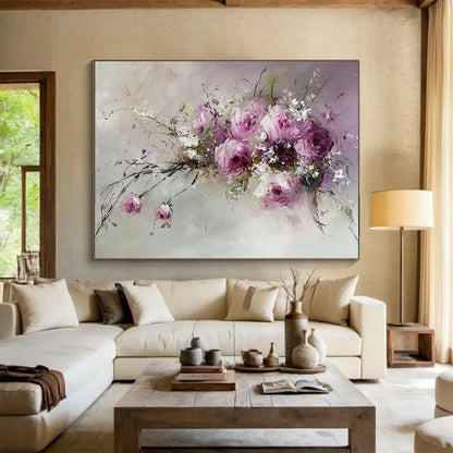 Pink, Purple, White and Green Floral Impasto "Romantic Blooms" Painting On Canvas HB0656