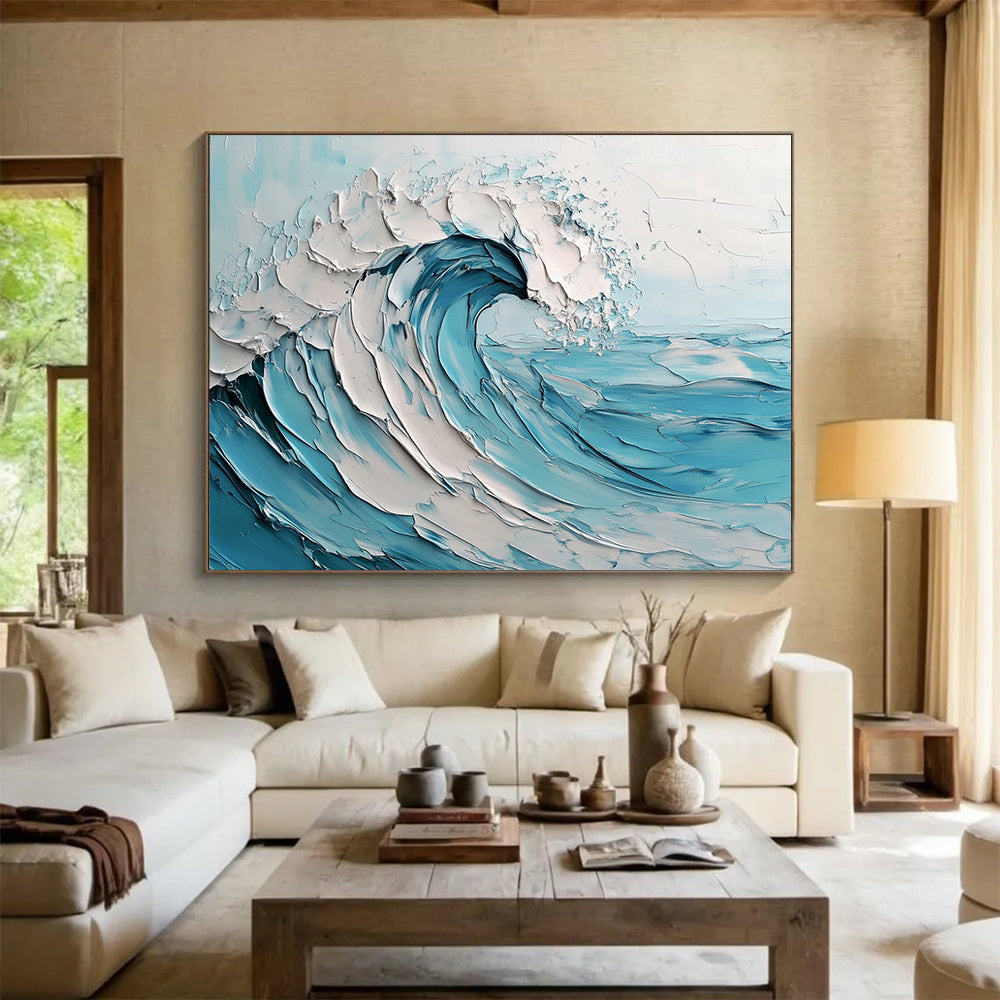 Blue and White Textured Wave "Crashing Serenity" Painting On Canvas HB0419