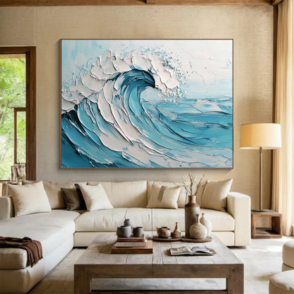 Blue and White Textured Wave "Crashing Serenity" Painting On Canvas HB0419