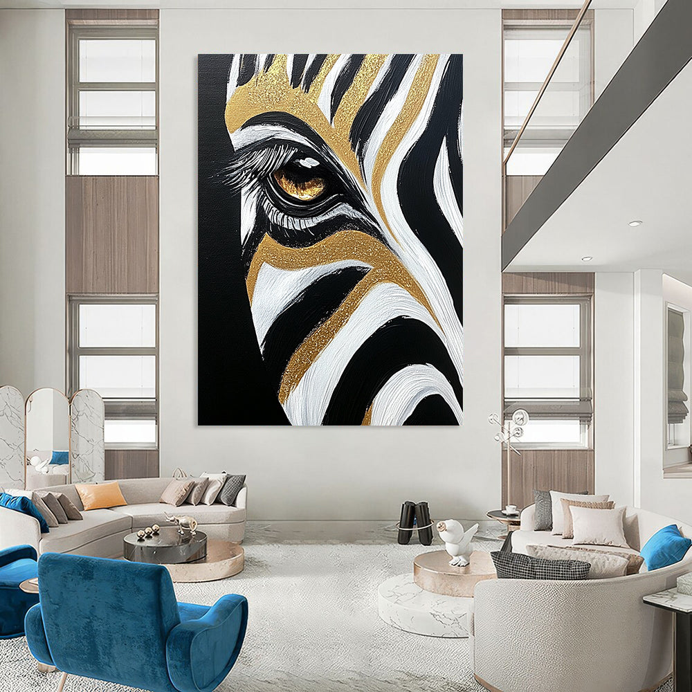 Contemporary abstract painting featuring a close-up of a zebra's eye and forehead stripes in black, white, and gold highlights. DLZ1216