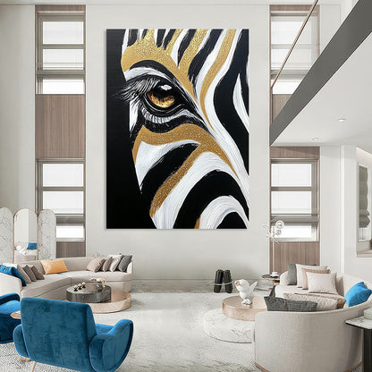 Contemporary abstract painting featuring a close-up of a zebra's eye and forehead stripes in black, white, and gold highlights. DLZ1216