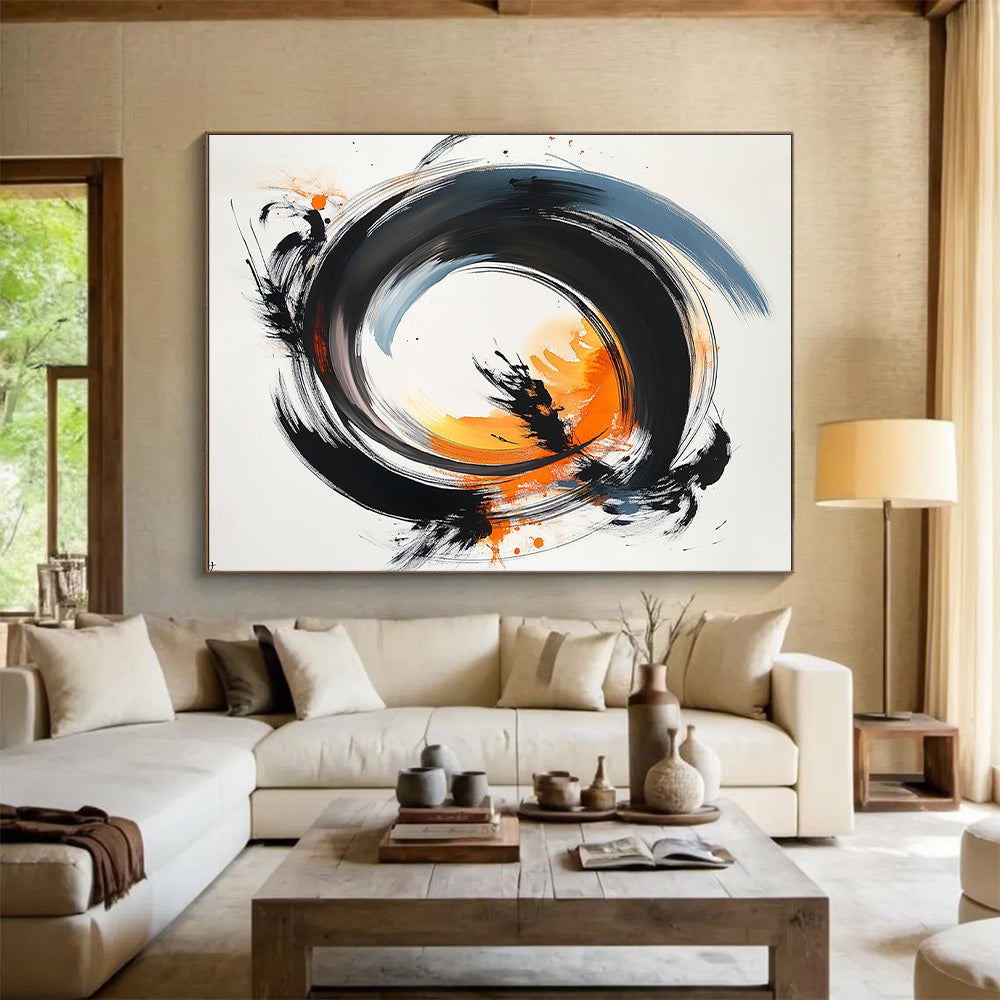 Black, Gray, Orange Swirling Rings - “Energetic Ring Dance” Painting On Canvas HB182
