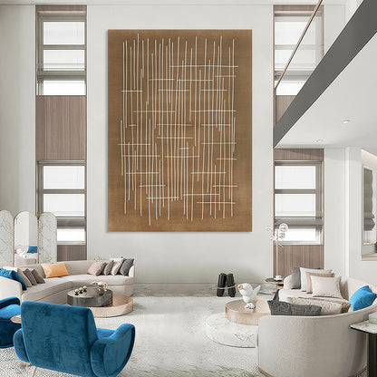 Contemporary abstract artwork featuring geometric patterns with white lines on a brown background inspired by Japanese calligraphy and Paul Klee's style. DLZ1159