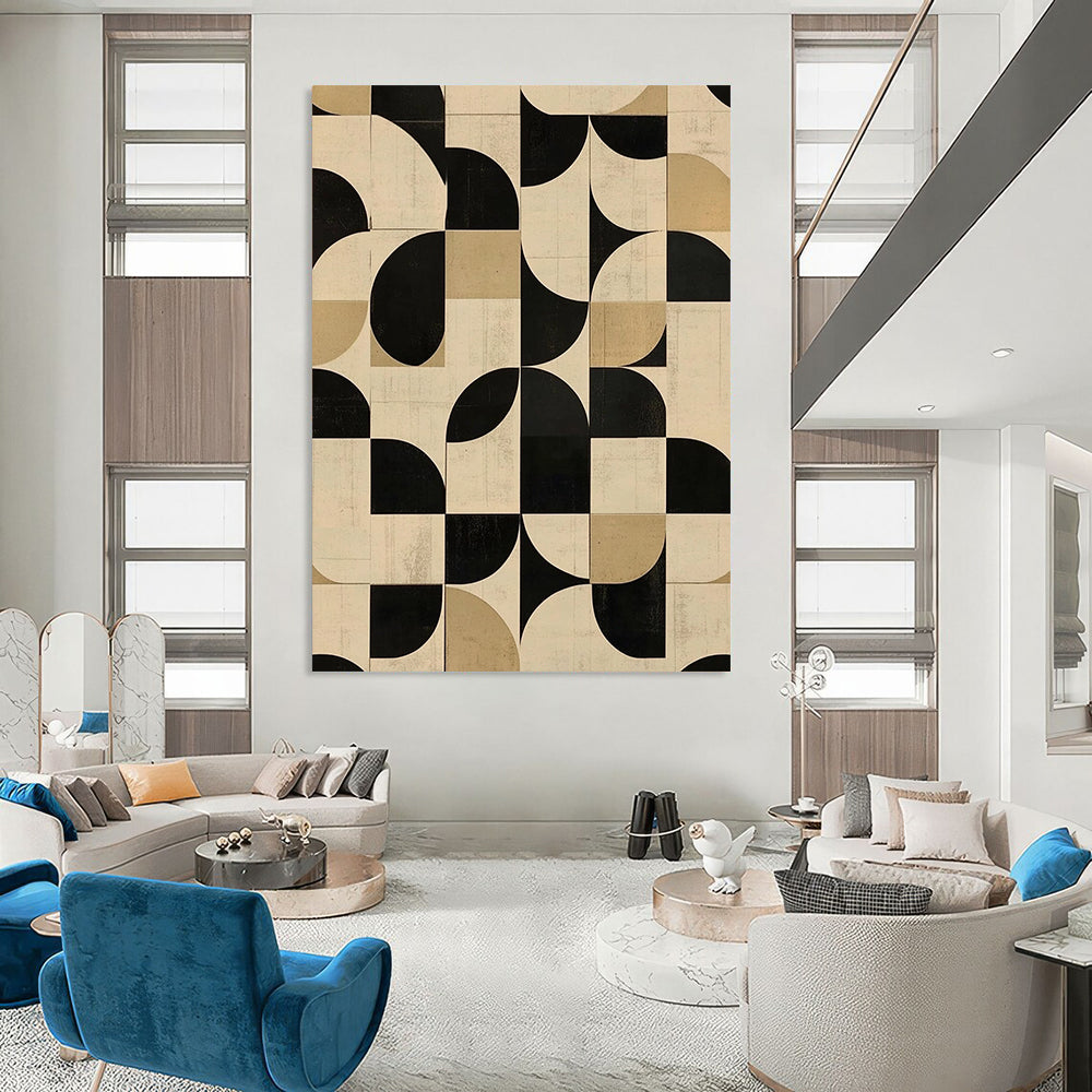 Contemporary abstract art featuring geometric patterns in neutral tones with black and white circular shapes perfect for modern interiors. DLZ1574