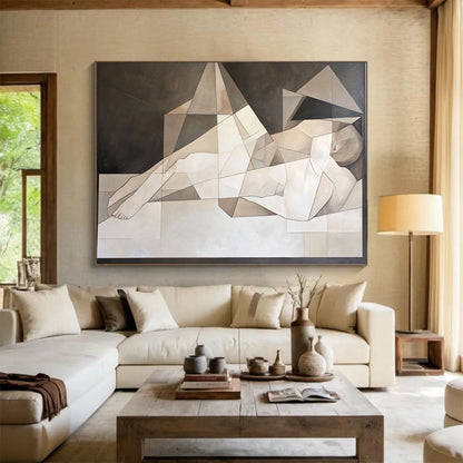 “Geometric Reclining Figure” - Neutral tones, angular shapes, Cubist - Inspired Painting On Canvas HB0570