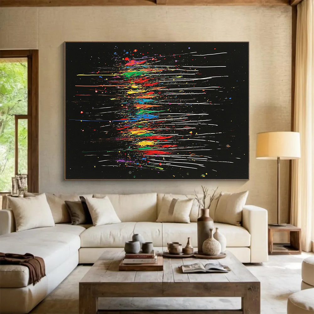 Black, Colorful Drips, White Streaks "Rainbow Cascade" Abstract Painting On Canvas HB024