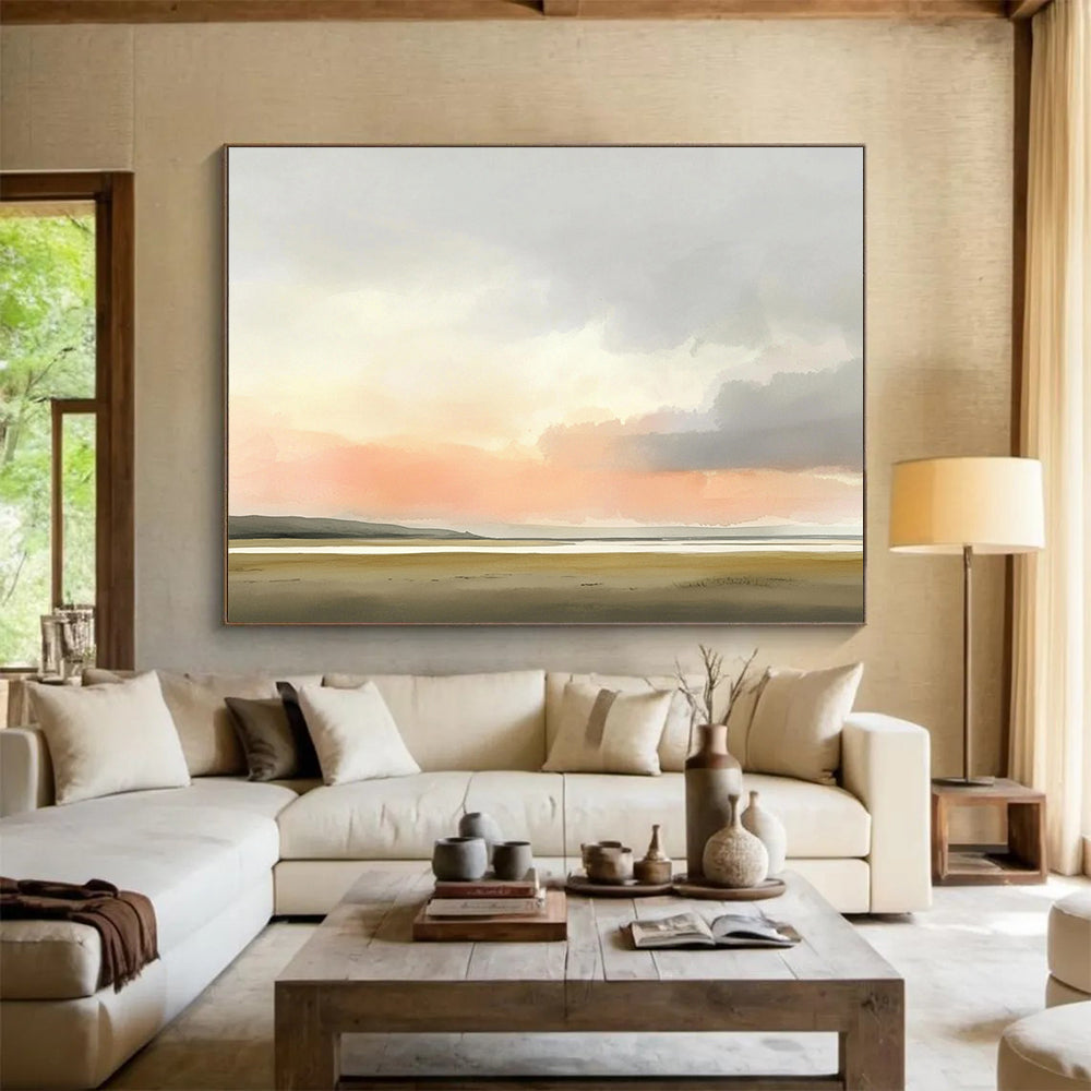 “Pastel Sunset Landscape” - Pink, Orange, Gray, Brown, Hazy Sunset Over a Plain - Watercolor Painting HB1775