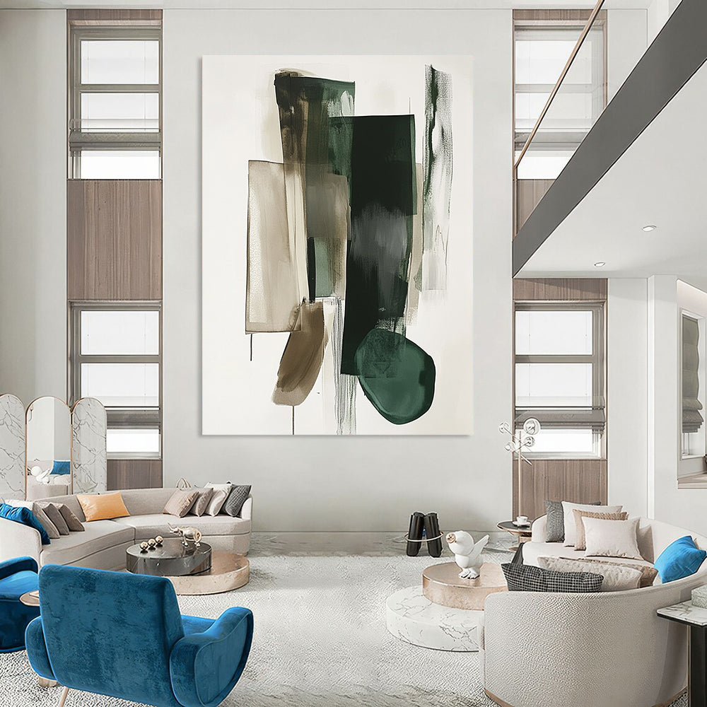 Abstract contemporary hand-painted artwork showcases geometric shapes in green and gray on a white background with a striking vertical line dividing the composition. DLZ0873