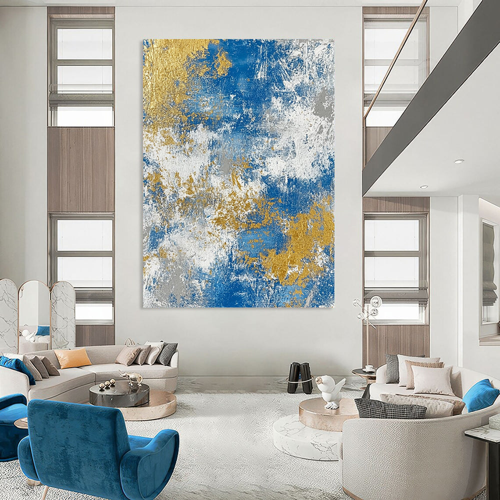 Contemporary hand-painted abstract art featuring a textured blend of blue gold white beige and silver tones for a sophisticated decor accent. DLZ0340