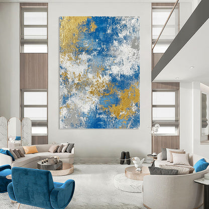 Contemporary hand-painted abstract art featuring a textured blend of blue gold white beige and silver tones for a sophisticated decor accent. DLZ0340