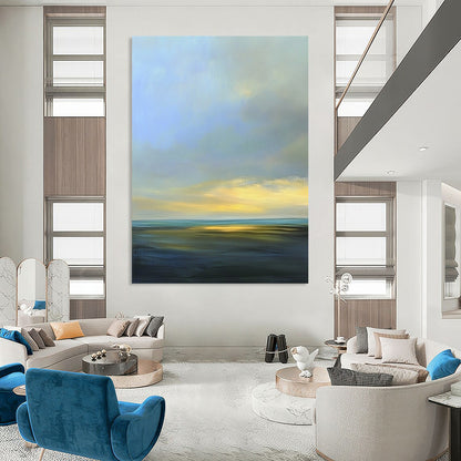 Contemporary abstract artwork featuring a serene sky with soft blues and grays, accented by light yellow highlights and distant clouds. DLZ0492
