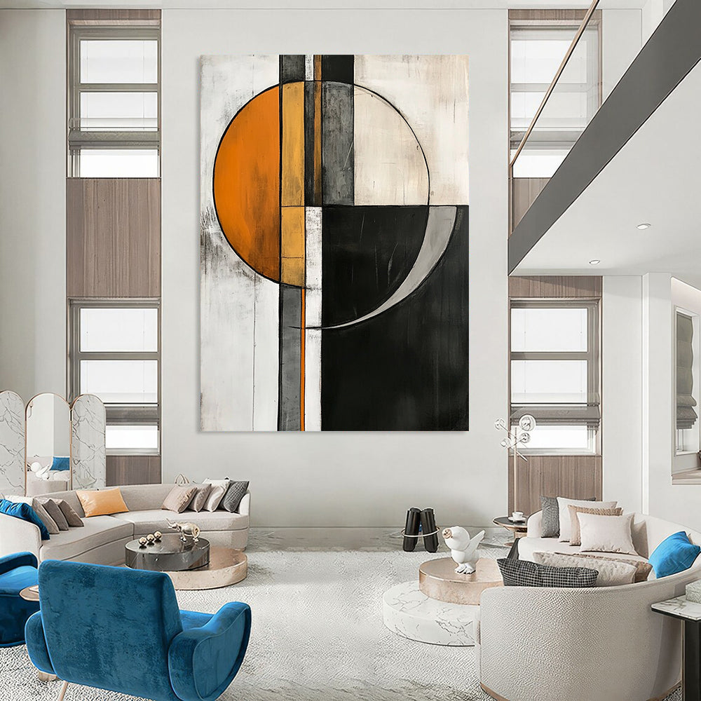 Contemporary abstract artwork featuring geometric shapes in orange, gray, and white on a striking black and white background. DLZ1017