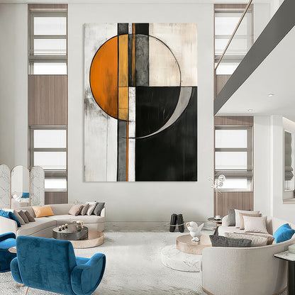 Contemporary abstract artwork featuring geometric shapes in orange, gray, and white on a striking black and white background. DLZ1017