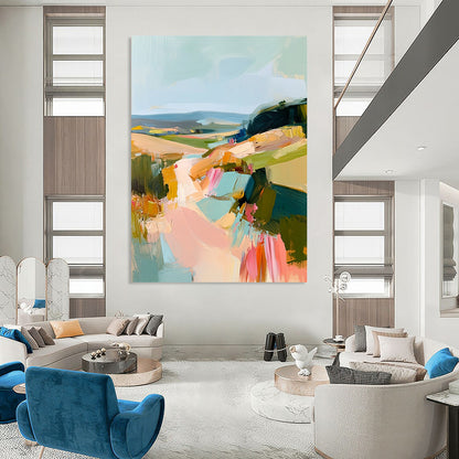 Contemporary abstract oil painting showcasing an Irish landscape with thick brush strokes in muted pastels of teal pink and yellow. DLZ0462