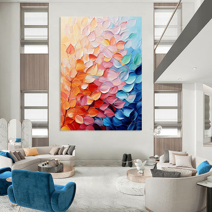Contemporary abstract painting featuring colorful leaves in soft hues with vibrant palette knife texture for a puffy shiny effect on canvas. DLZ0616