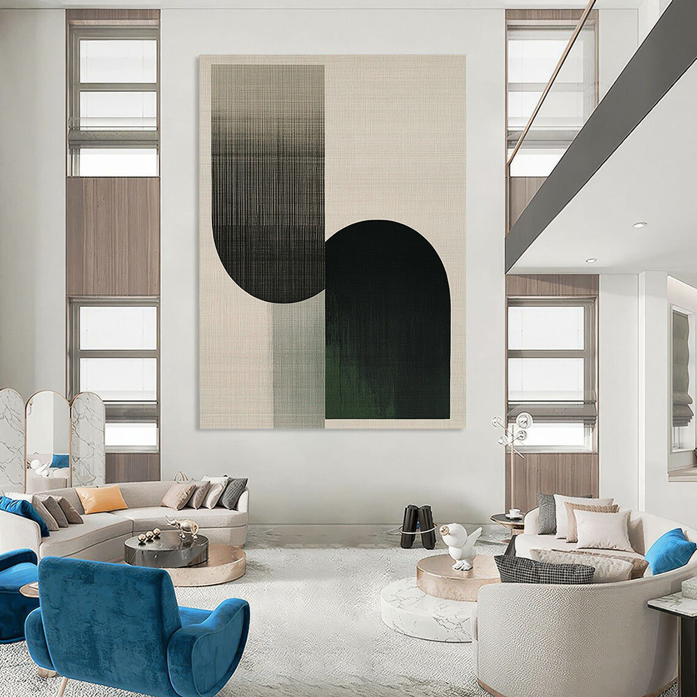 Contemporary abstract artwork featuring overlapping shapes in the form of an F, with neutral tones and green accents, showcasing visible brush strokes. DLZ1622