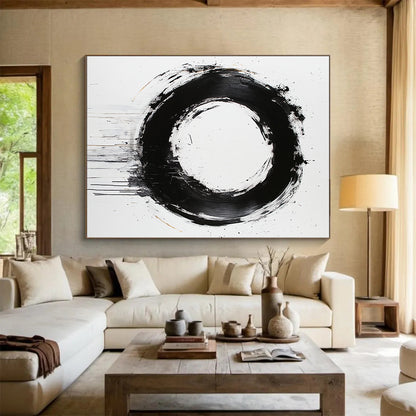 White, Black and Gold Abstract Circle "Refined Enso" Painting On Canvas HB367