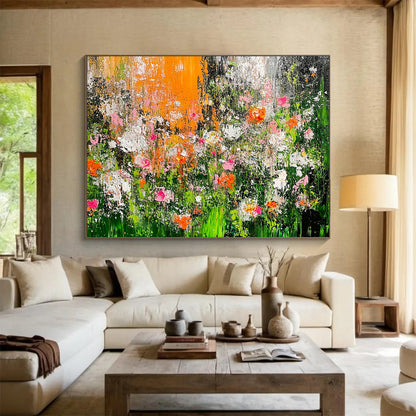 Impasto Flower Field in Orange and Pink – Textured Abstract Acrylic Floral Painting HB1472