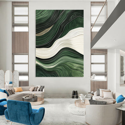 Contemporary hand-painted abstract art with flowing green and white lines, jade texture, and relief effect on a dark background, showcasing elegance and cultural heritage. DLZ0277