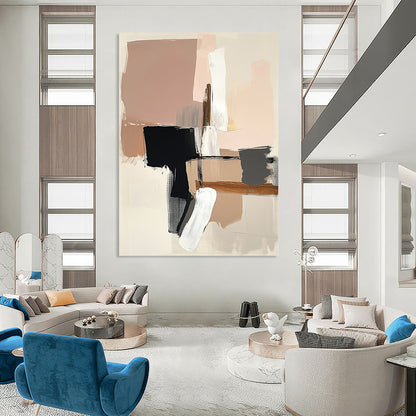 Contemporary abstract art featuring neutral tones soft pink and beige with white brush strokes and bold black lines on a beige background. DLZ1048
