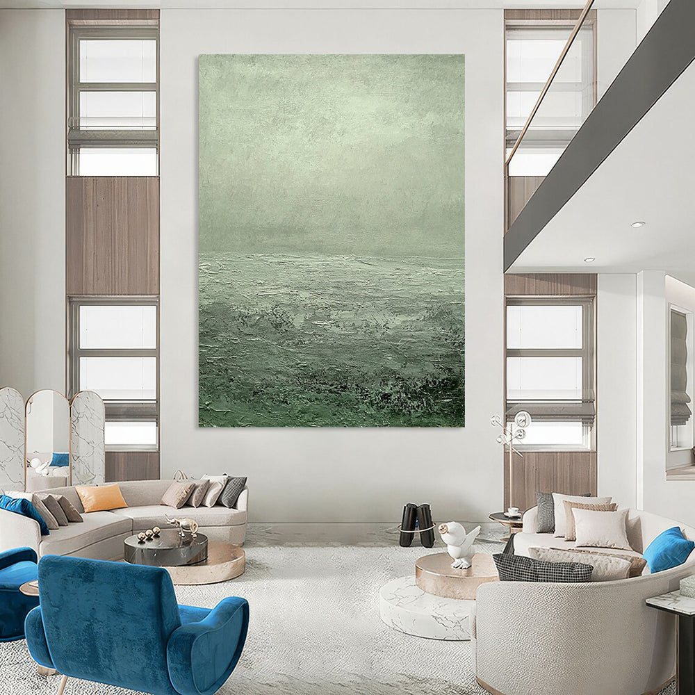Contemporary hand-painted abstract art featuring a serene gray-green sea with ripples and soft clouds creating a tranquil atmosphere. DLZ1276