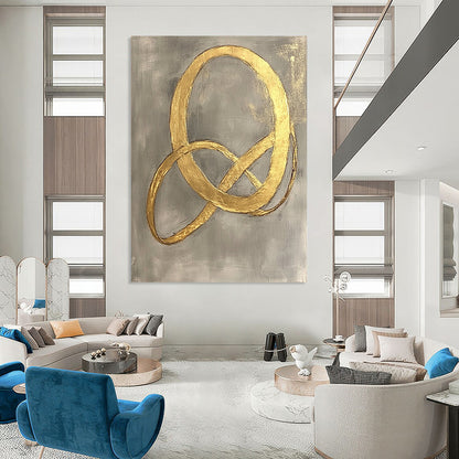 Contemporary hand-painted abstract art features intertwined shapes with elegant curves and delicate gold foil on a light gray background. DLZ1577