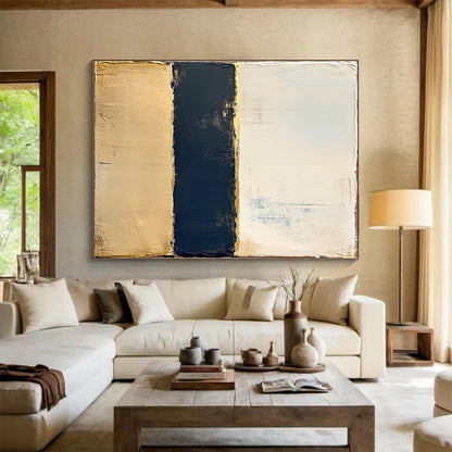 Beige, Gold, Navy, Horizontal Layers "Gilded Nautical Bands" Abstract Coastal - Inspired Painting On Canvas HB166