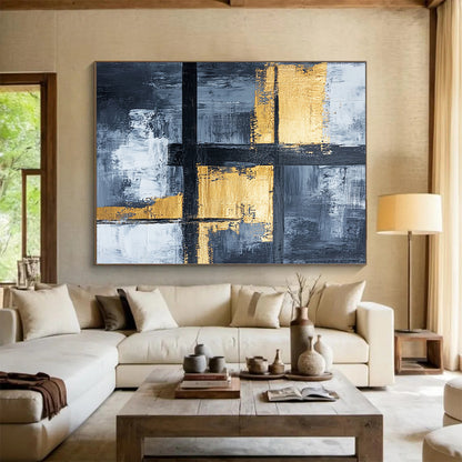 Gray, White, Gold, Black, Geometric Crosses "Gilded Grid Crossroads" Abstract Modernist Painting On Canvas HB151