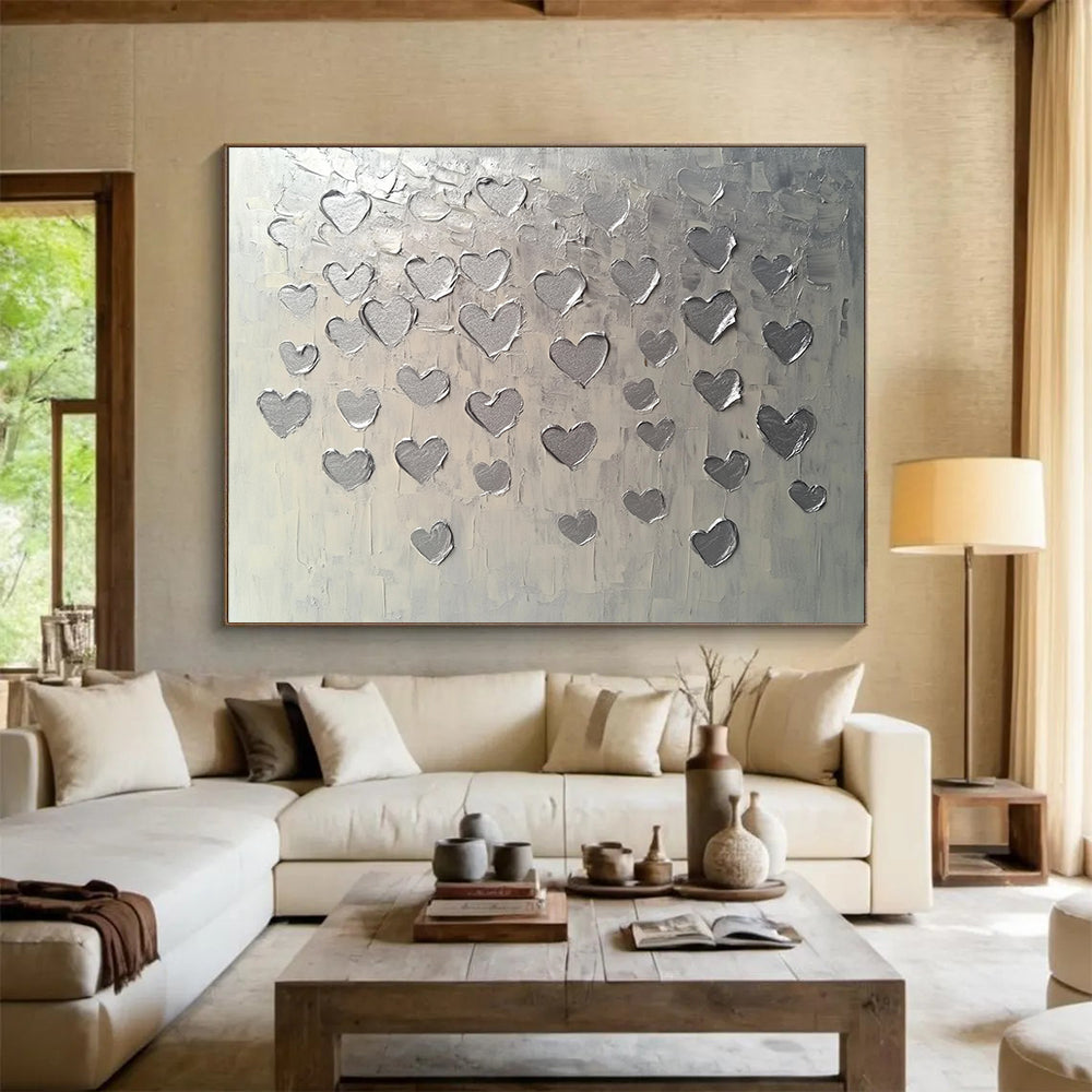 “Textured Silver Hearts” - Silver, Gray, Raised Heart Shapes - Textured Acrylic Painting HB1670