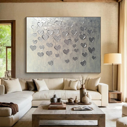“Textured Silver Hearts” - Silver, Gray, Raised Heart Shapes - Textured Acrylic Painting HB1670