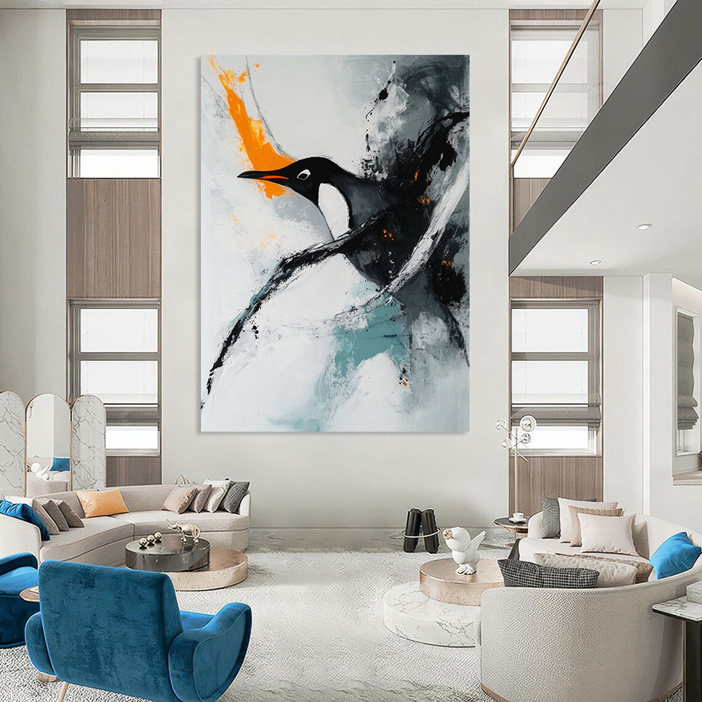 Contemporary hand-painted abstract art featuring a minimalist composition with soft edges showcasing a penguin swimming on a white background accentuated by orange tones. DLZ0551