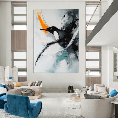 Contemporary hand-painted abstract art featuring a minimalist composition with soft edges showcasing a penguin swimming on a white background accentuated by orange tones. DLZ0551