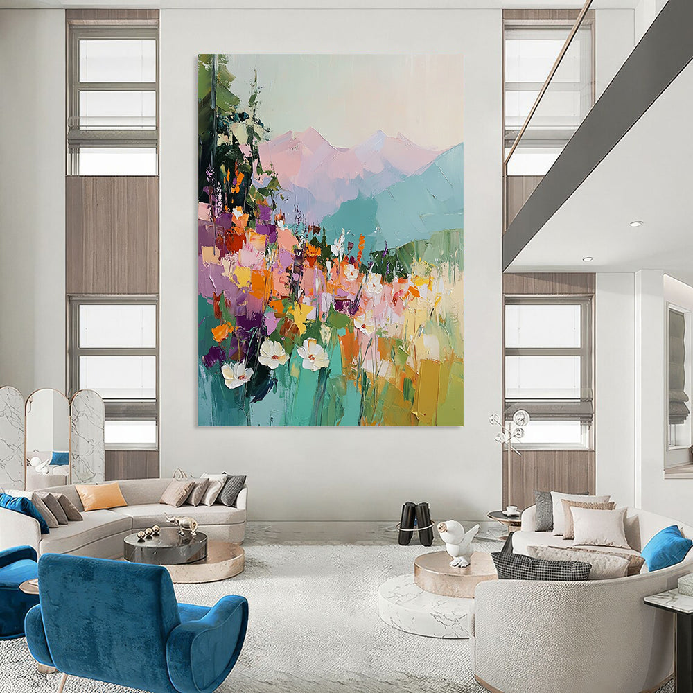 Vibrant contemporary abstract painting with thick brushstrokes depicting colorful wildflowers mountains and a dramatic sky in rich hues. DLZ0418