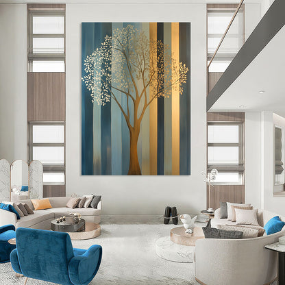 Contemporary hand-painted abstract artwork features an elegant tree in soft gold and silver tones against muted teal and geometric blue-gray stripes. DLZ1403