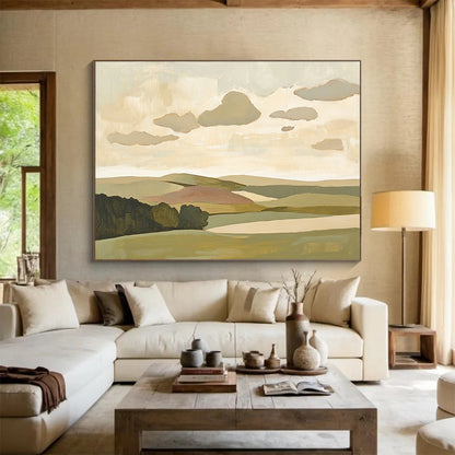 “Softly Painted Landscape” - Green, beige, pink, blue, Minimalist Landscape Painting HB0622