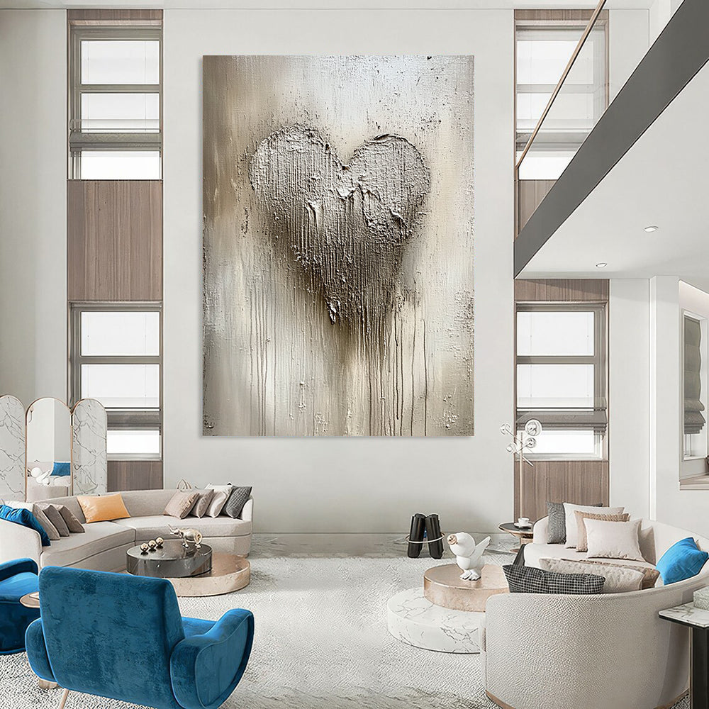 Contemporary abstract painting featuring textured silver and white patterns with a central heart shape, capturing winter's beauty in shimmering details and a cool palette. DLZ0531