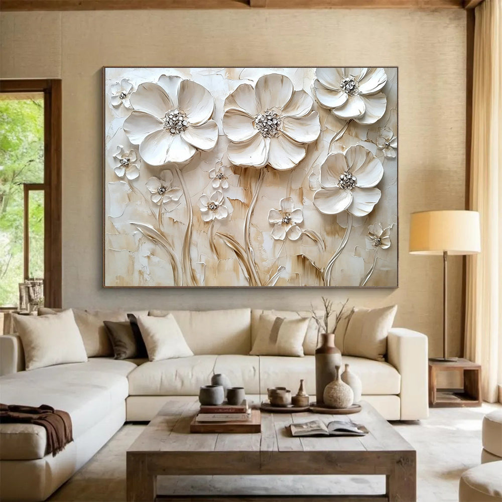 Cream - Colored Floral Relief - Subtle Textured Flower Painting On Canvas HB0430