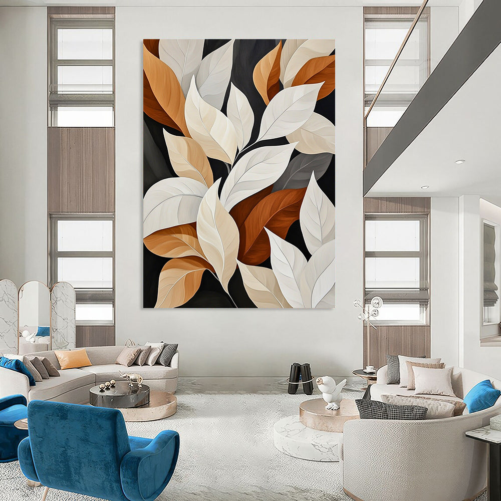 Contemporary abstract painting featuring white and beige leaves with brown edges on dark backgrounds showcasing varied sizes shapes and angles in a muted color palette. DLZ1425