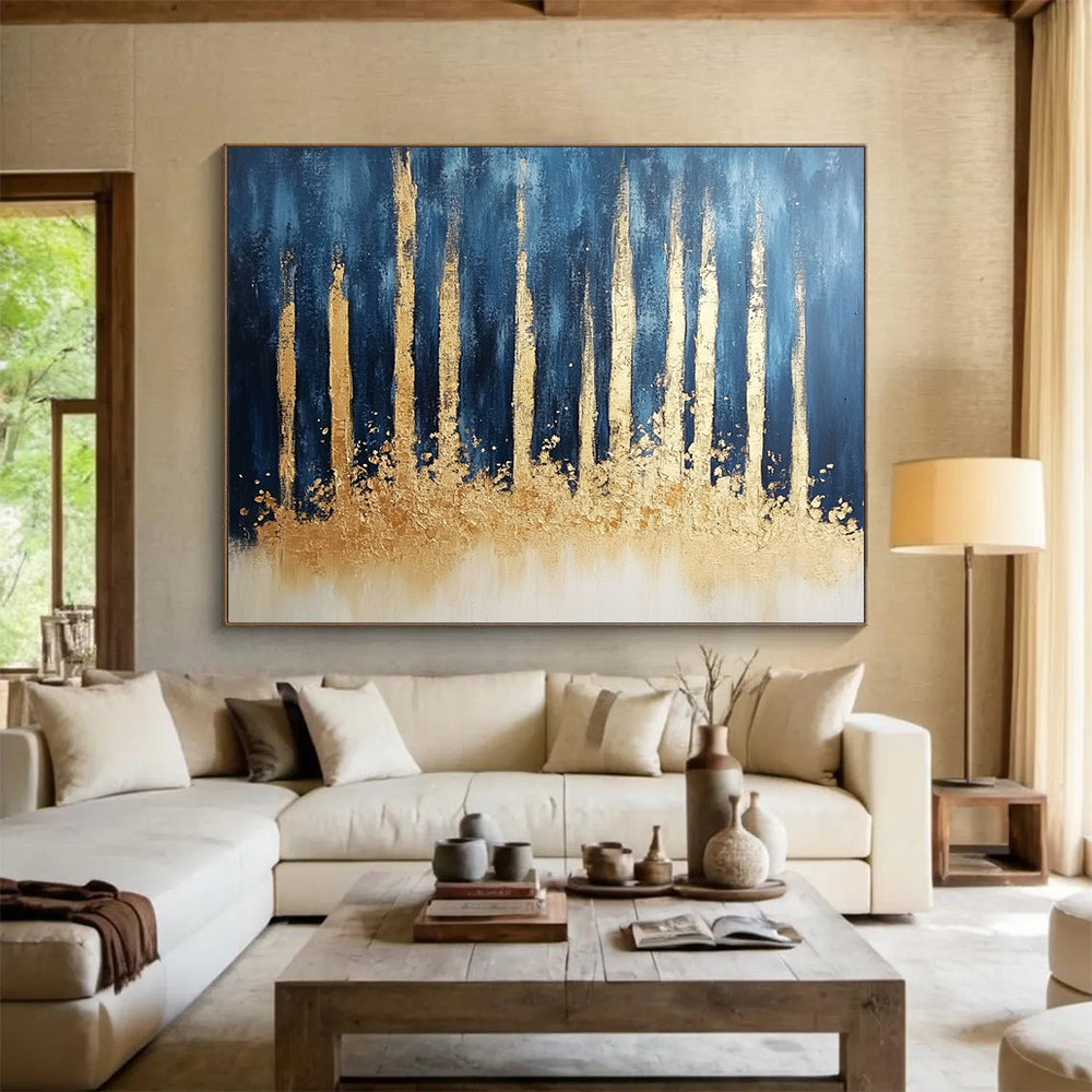 “Gold - Tree Silhouettes on Blue” - Gold, Blue, Beige, Tree Shapes Painting On Canvas HB0815