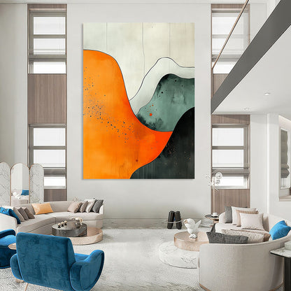 Contemporary hand-painted abstract art featuring orange white grey and black shapes with watercolor splashes on canvas texture in UHD quality. DLZ0803