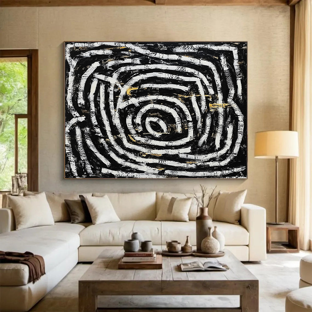 Black, White, Gold and Gray Spiral Maze "Endless Journey" Painting On Canvas HB344