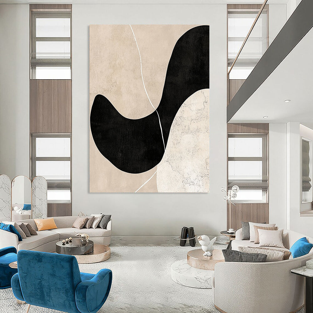 Contemporary abstract artwork featuring beige and black tones minimalist design hand-drawn lines soft edges balanced composition with depth and white line accents. DLZ0790
