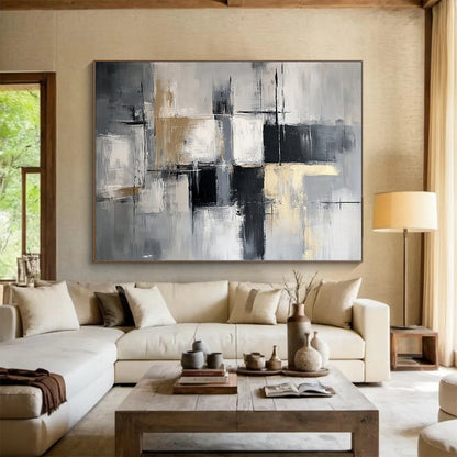 “Monochromatic Geometric Abstract” - Gray, white, beige, black; Geometric abstract in monochromatic tones; Acrylic Painting On Canvas HB1249