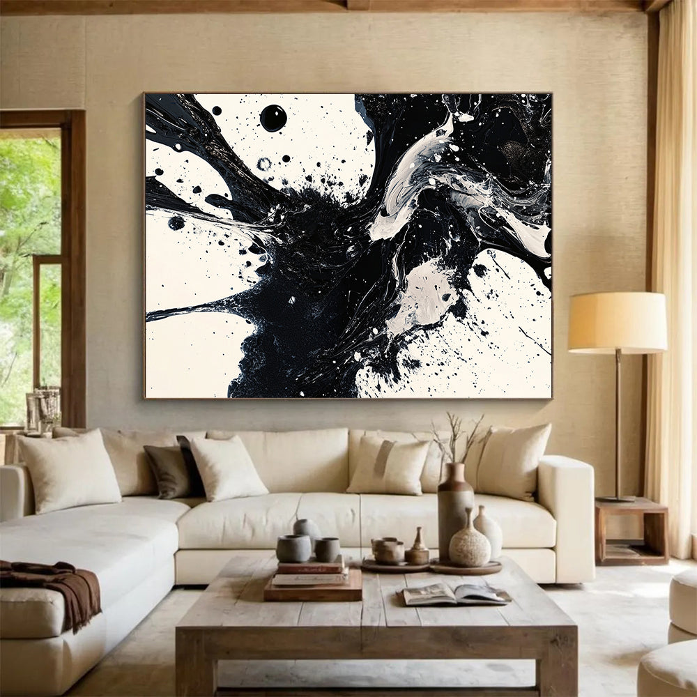 Black, White, Fluid Ink Blends "Ink Fusion" Abstract Expressionist Painting On Canvas HB139