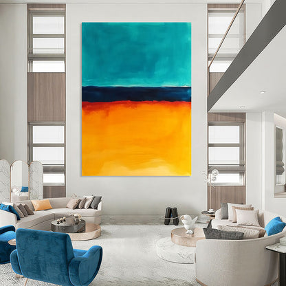 Contemporary abstract painting features vibrant orange and teal hues capturing the ocean at sunset in a captivating visual experience. DLZ1386