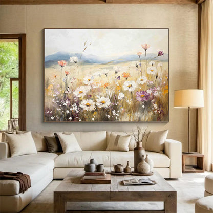 “Pastel Wildflower Field” - Soft - hued wildflowers in a meadow, Impressionist Landscape Painting On Canvas HB0546