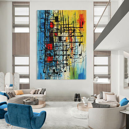 Contemporary abstract painting with vibrant colors and intricate patterns evokes movement and energy through bold lines and geometric shapes. DLZ1028